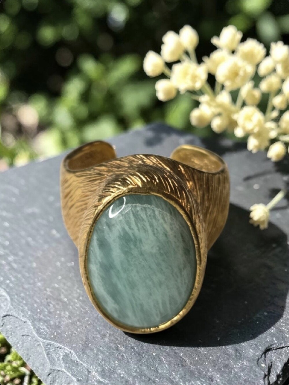 18k Gold Plated Chunky Artisan Genuine Amazonite Stone Crystal Ring